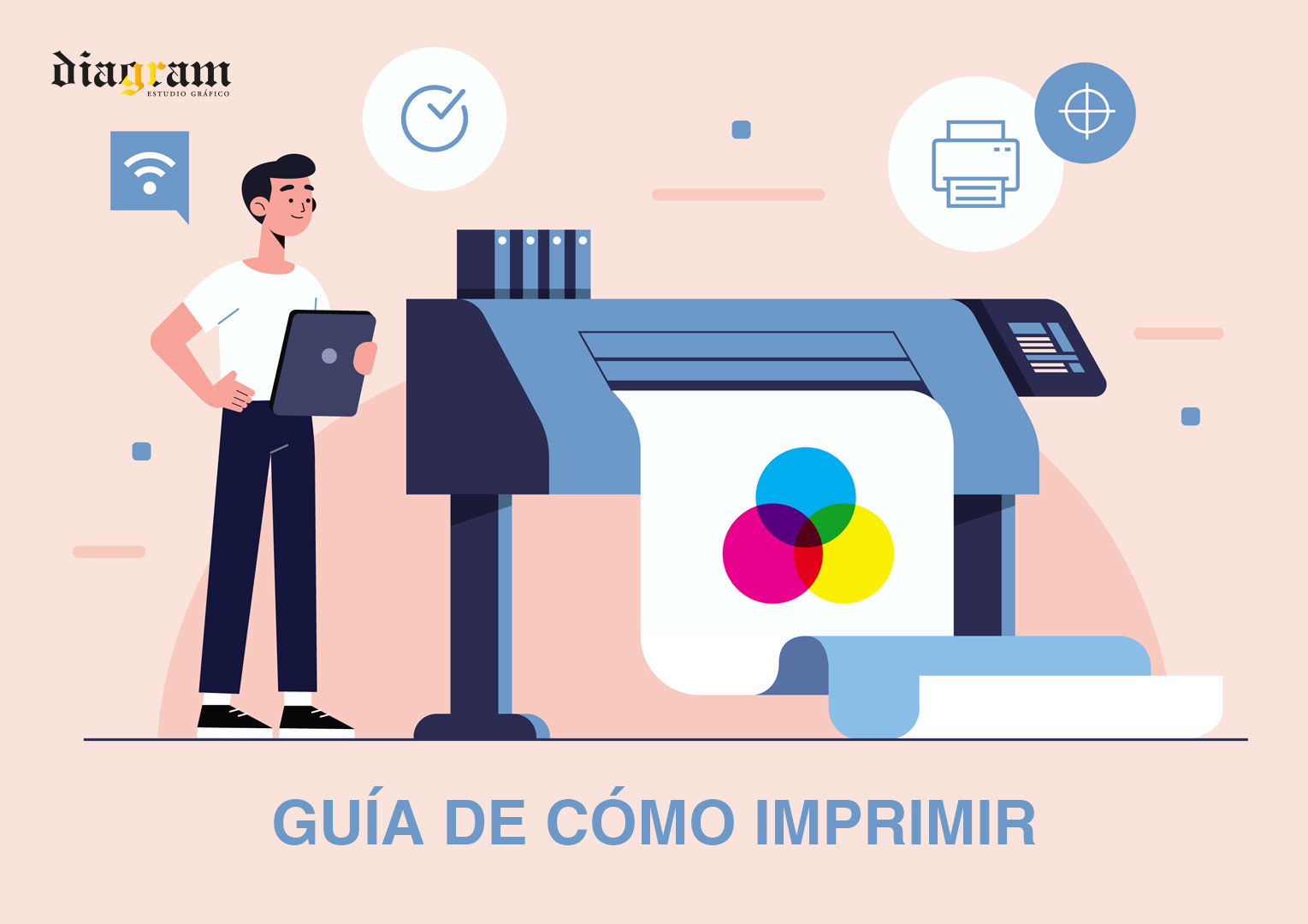 imagen persona al lado de maquina de impresion cmyk con texto